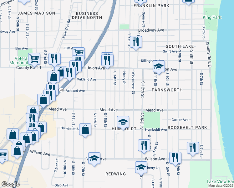 map of restaurants, bars, coffee shops, grocery stores, and more near 1317 Ashland Avenue in Sheboygan