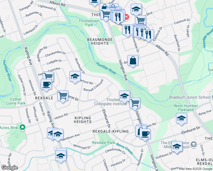 map of restaurants, bars, coffee shops, grocery stores, and more near 6 Fallowfield Road in Toronto