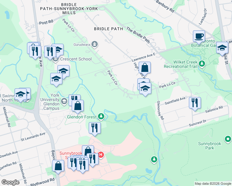 map of restaurants, bars, coffee shops, grocery stores, and more near 44 Park Lane Circle in Toronto