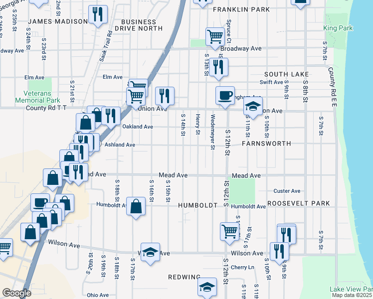 map of restaurants, bars, coffee shops, grocery stores, and more near 1317 Ashland Avenue in Sheboygan