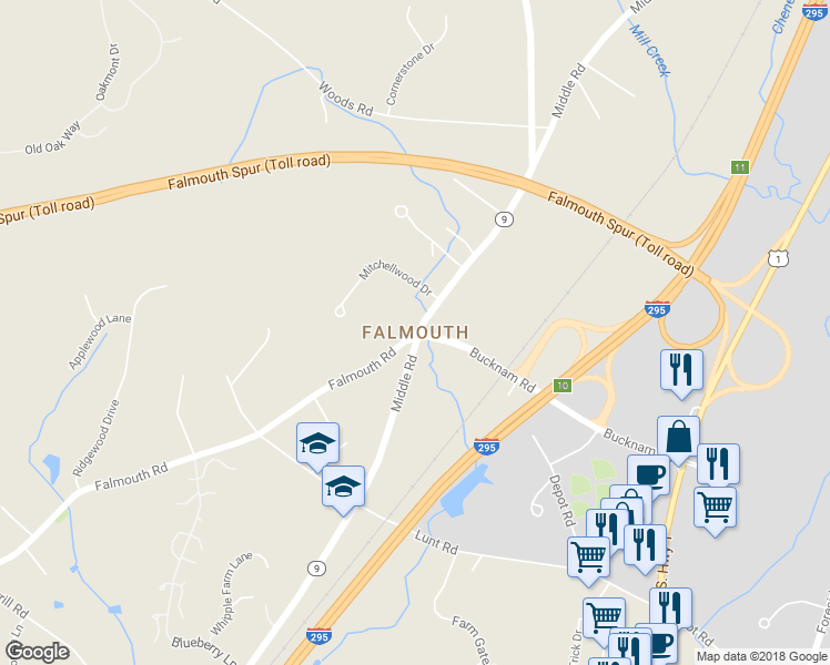 map of restaurants, bars, coffee shops, grocery stores, and more near in Falmouth