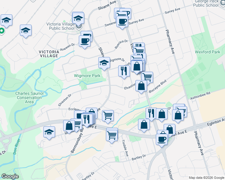 map of restaurants, bars, coffee shops, grocery stores, and more near 85 Sloane Avenue in Toronto
