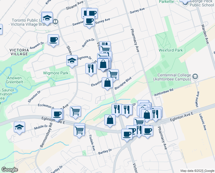 map of restaurants, bars, coffee shops, grocery stores, and more near 1601 Victoria Park Avenue in Toronto