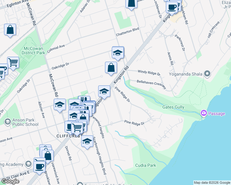 map of restaurants, bars, coffee shops, grocery stores, and more near 50 Pine Ridge Drive in Toronto