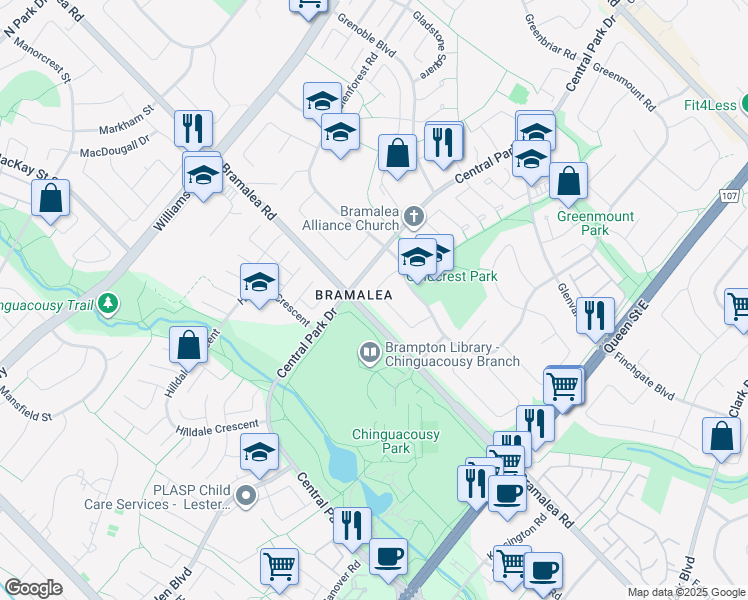 map of restaurants, bars, coffee shops, grocery stores, and more near 21 Glenora Crescent in Brampton