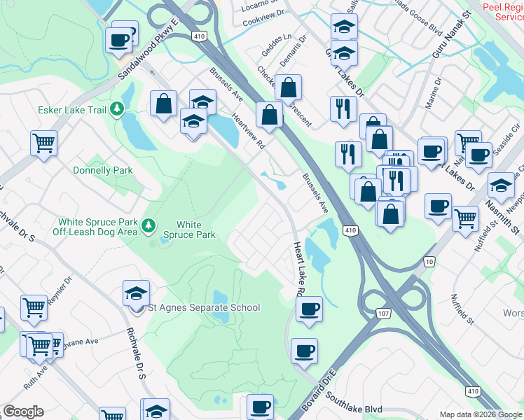 map of restaurants, bars, coffee shops, grocery stores, and more near 45 Kayak Heights in Brampton