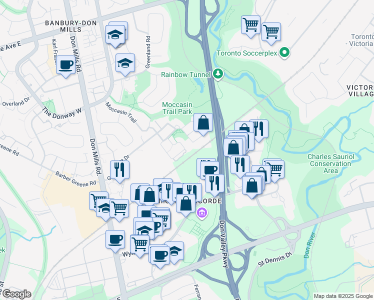 map of restaurants, bars, coffee shops, grocery stores, and more near 200 David Dunlap Circle in Toronto
