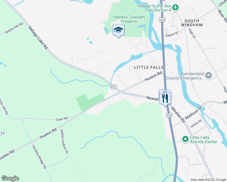 map of restaurants, bars, coffee shops, grocery stores, and more near 166 Huston Road in Gorham