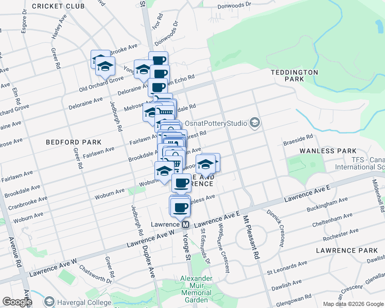 map of restaurants, bars, coffee shops, grocery stores, and more near in Toronto