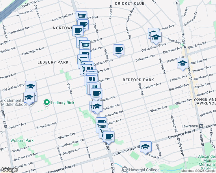 map of restaurants, bars, coffee shops, grocery stores, and more near in Toronto