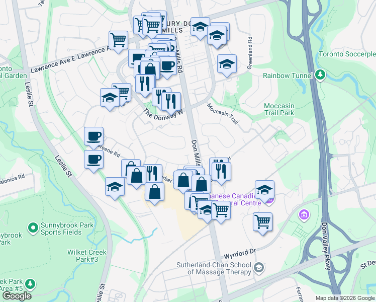 map of restaurants, bars, coffee shops, grocery stores, and more near 110 Cottonwood Drive in Toronto
