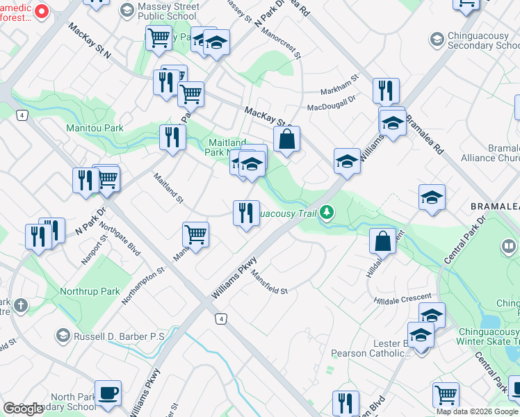 map of restaurants, bars, coffee shops, grocery stores, and more near 43 Montjoy Crescent in Brampton