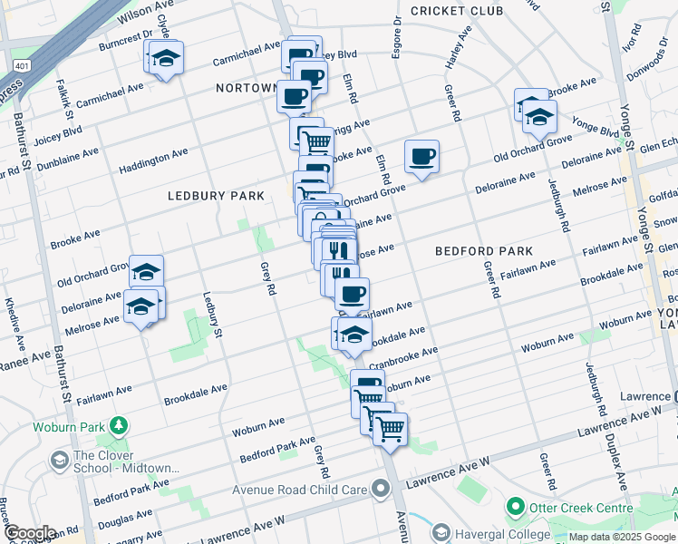 map of restaurants, bars, coffee shops, grocery stores, and more near in Toronto