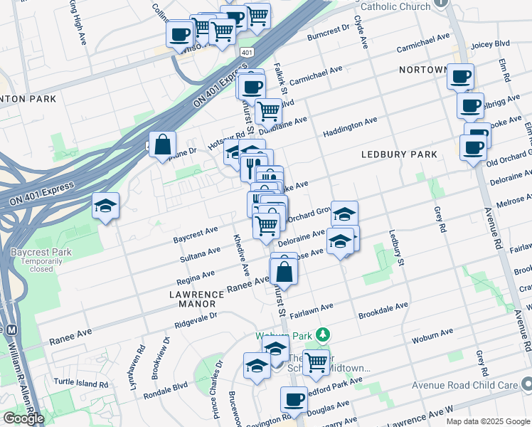 map of restaurants, bars, coffee shops, grocery stores, and more near Bathurst St & Baycrest Ave in Toronto