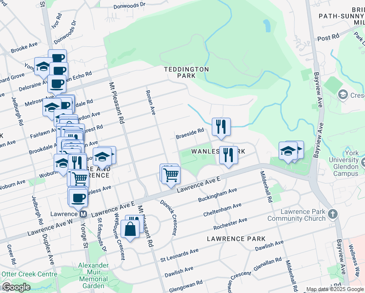 map of restaurants, bars, coffee shops, grocery stores, and more near 18 Haslemere Road in Toronto