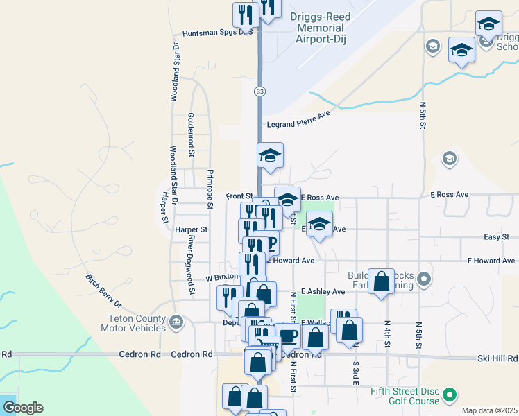 map of restaurants, bars, coffee shops, grocery stores, and more near 481 North Main Street in Driggs