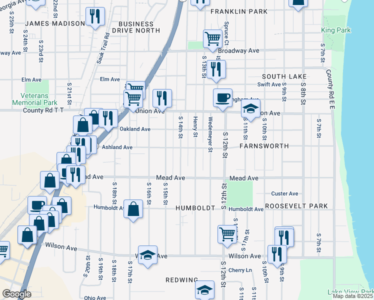 map of restaurants, bars, coffee shops, grocery stores, and more near 1317 Ashland Ave in Sheboygan