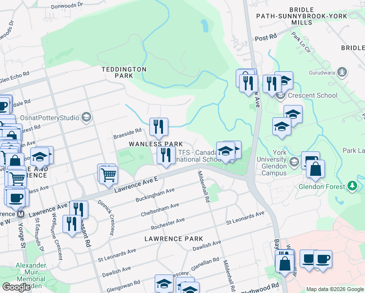 map of restaurants, bars, coffee shops, grocery stores, and more near in Toronto