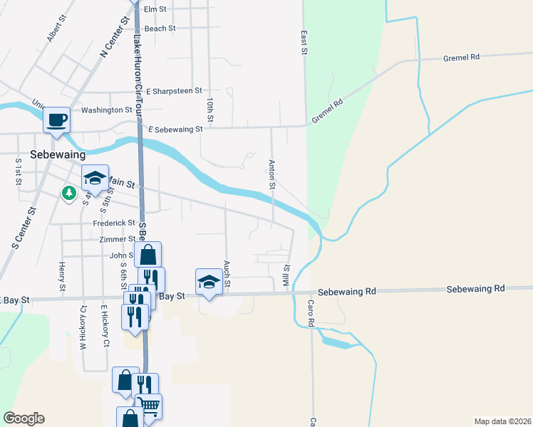 map of restaurants, bars, coffee shops, grocery stores, and more near 904 East Main Street in Sebewaing