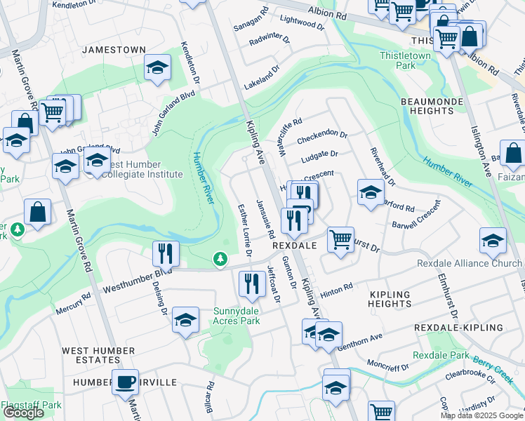 map of restaurants, bars, coffee shops, grocery stores, and more near Jansusie Road in Toronto