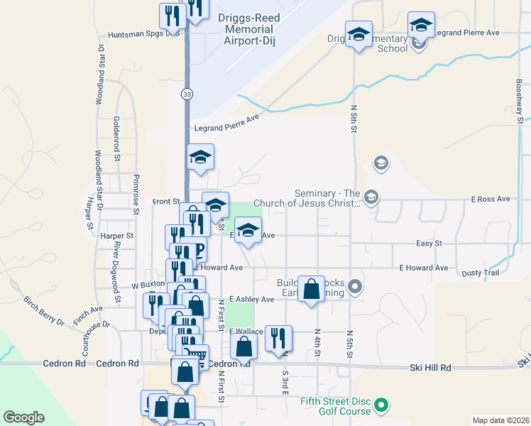 map of restaurants, bars, coffee shops, grocery stores, and more near 260 East Ross Avenue in Driggs