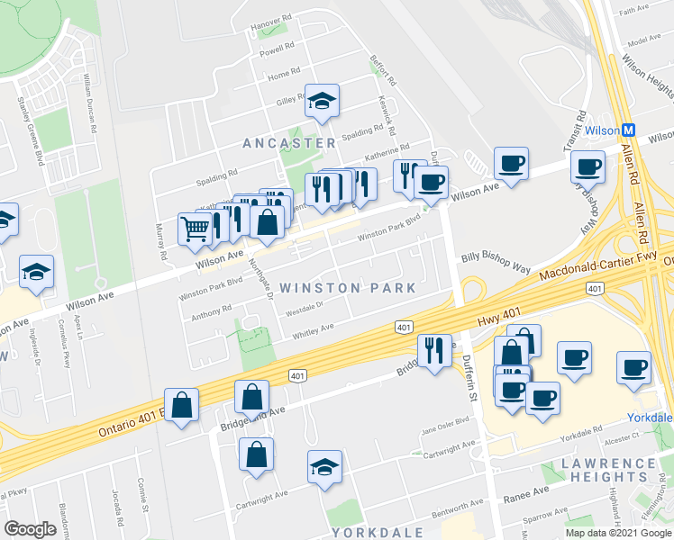 map of restaurants, bars, coffee shops, grocery stores, and more near 22 Lady York Avenue in Toronto