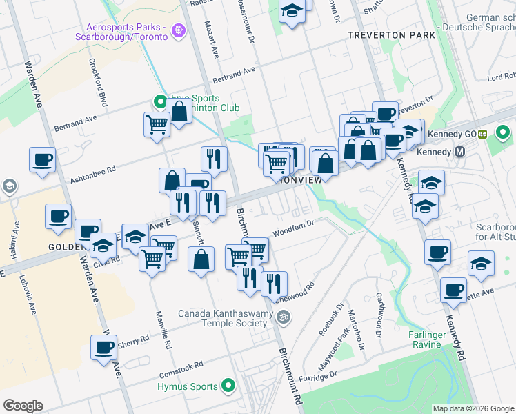 map of restaurants, bars, coffee shops, grocery stores, and more near 2223 Eglinton Avenue East in Toronto