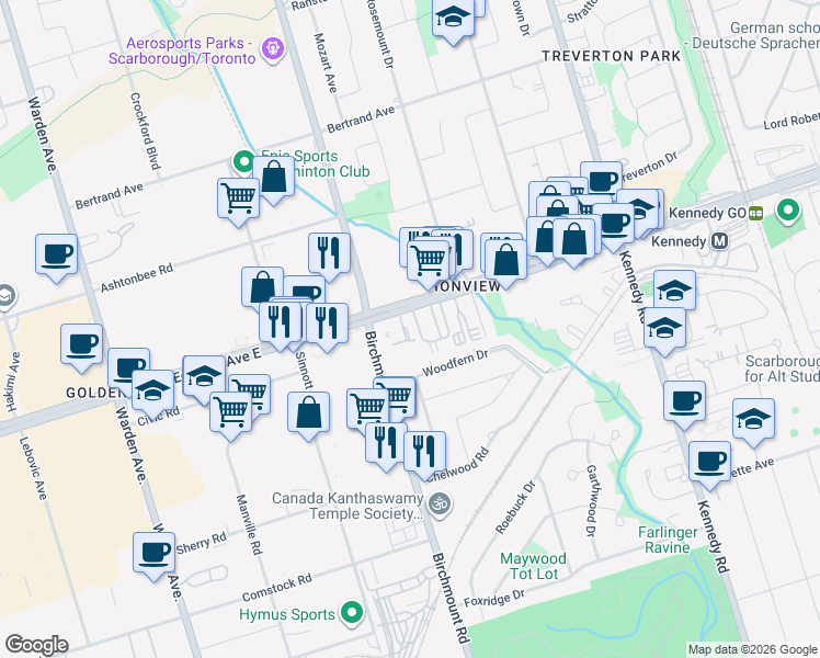 map of restaurants, bars, coffee shops, grocery stores, and more near 2225 Eglinton Avenue East in Toronto