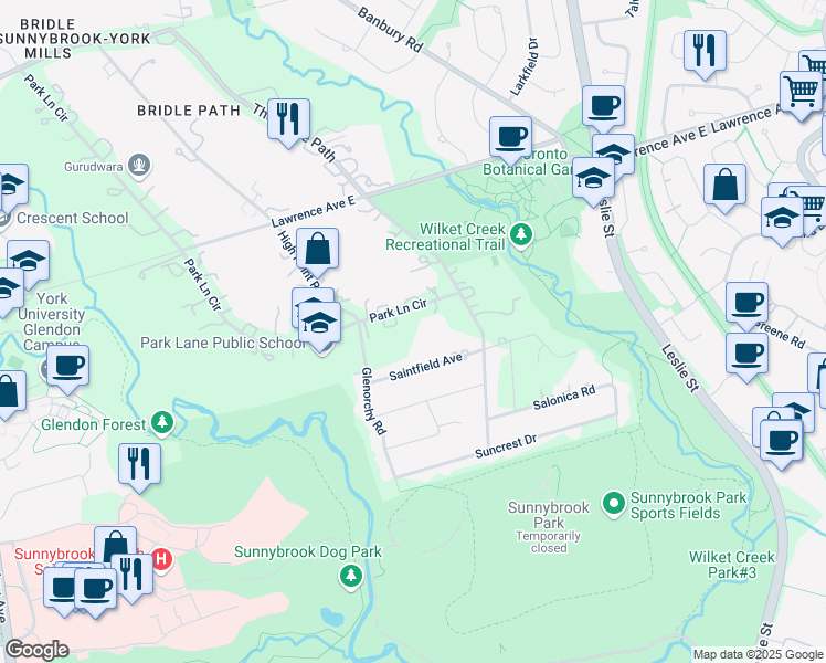 map of restaurants, bars, coffee shops, grocery stores, and more near 68 Park Lane Circle in Toronto