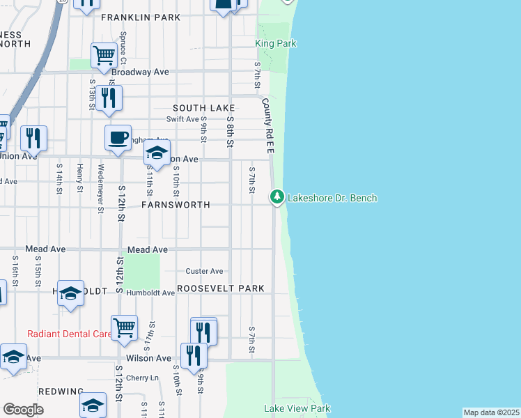 map of restaurants, bars, coffee shops, grocery stores, and more near 619 Ashland Avenue in Sheboygan