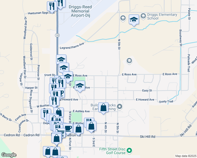 map of restaurants, bars, coffee shops, grocery stores, and more near 411-481 North 3rd Street in Driggs