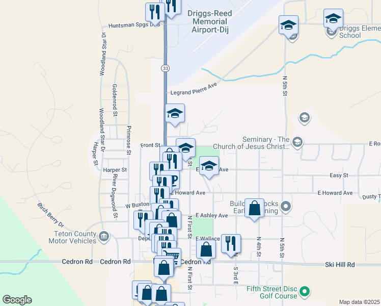 map of restaurants, bars, coffee shops, grocery stores, and more near 410 First Street in Driggs