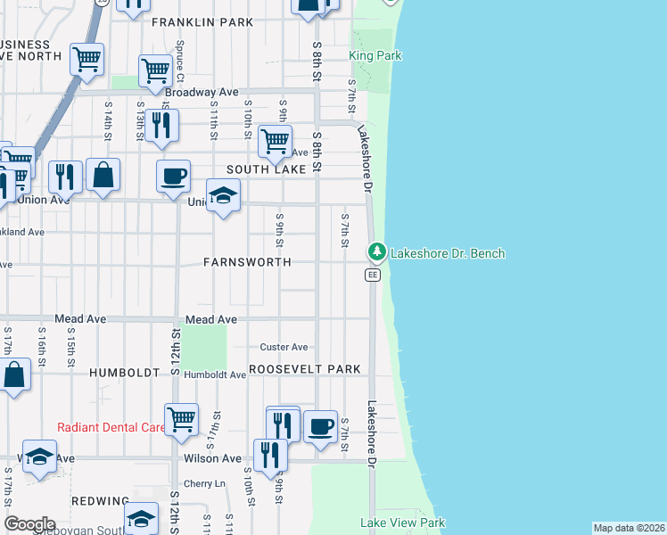 map of restaurants, bars, coffee shops, grocery stores, and more near 2309 South 8th Street in Sheboygan