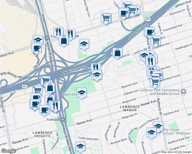map of restaurants, bars, coffee shops, grocery stores, and more near 150 Neptune Drive in Toronto