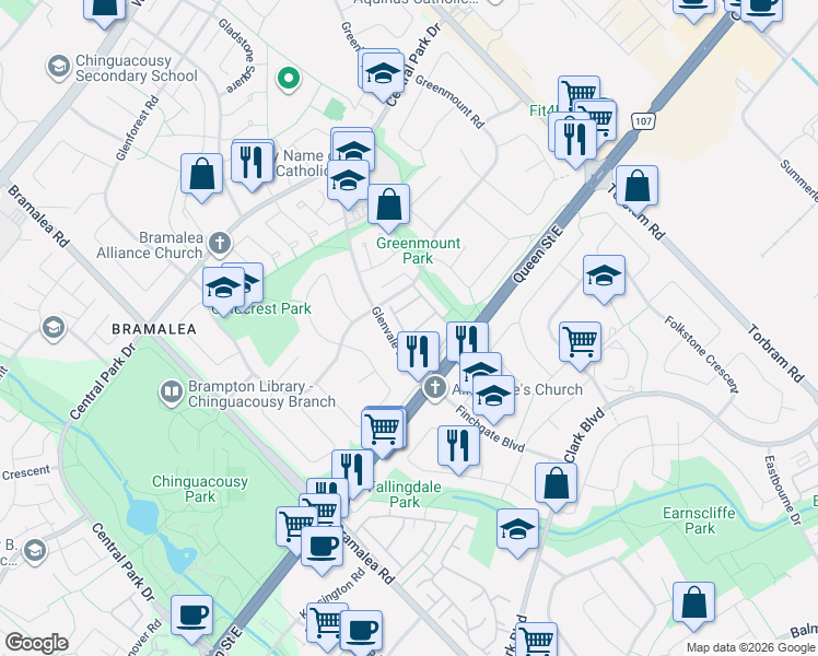map of restaurants, bars, coffee shops, grocery stores, and more near 38 Greenwich Circle in Brampton