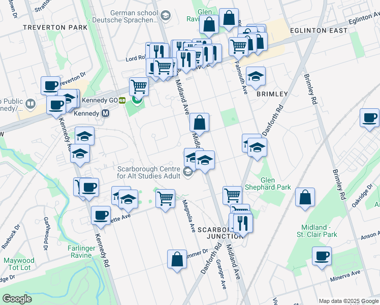 map of restaurants, bars, coffee shops, grocery stores, and more near 746 Midland Avenue in Toronto