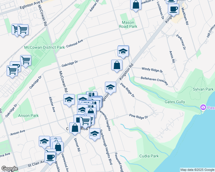 map of restaurants, bars, coffee shops, grocery stores, and more near 3190 Kingston Road in Toronto