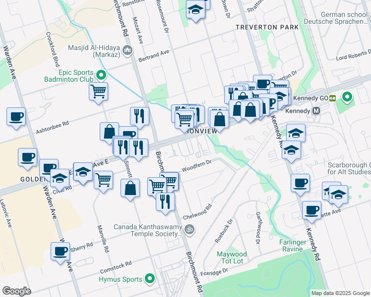 map of restaurants, bars, coffee shops, grocery stores, and more near in Toronto