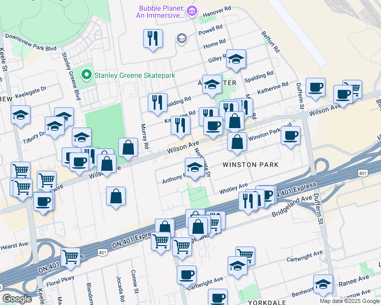 map of restaurants, bars, coffee shops, grocery stores, and more near in Toronto