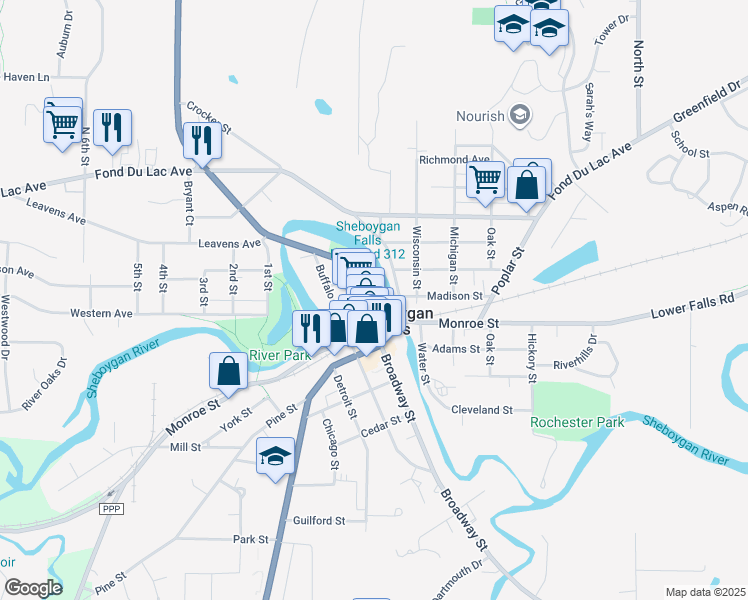 map of restaurants, bars, coffee shops, grocery stores, and more near 404 Broadway Street in Sheboygan Falls