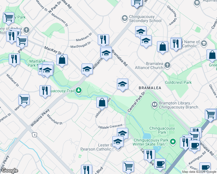 map of restaurants, bars, coffee shops, grocery stores, and more near 9 Havenbrook Court in Brampton