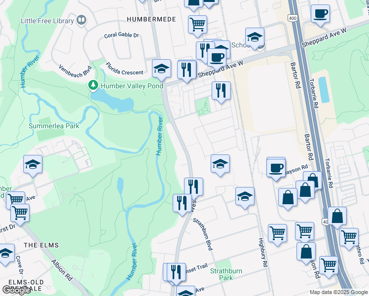 map of restaurants, bars, coffee shops, grocery stores, and more near in Toronto