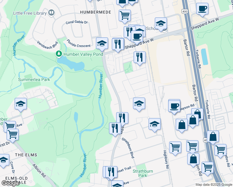 map of restaurants, bars, coffee shops, grocery stores, and more near 3025 Weston Road in Toronto