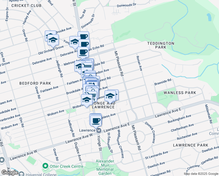 map of restaurants, bars, coffee shops, grocery stores, and more near 47 Roslin Avenue in Toronto