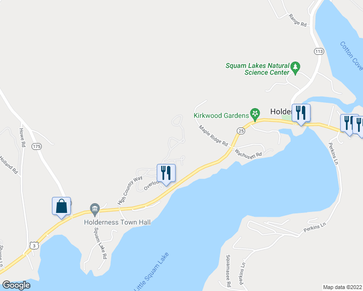 map of restaurants, bars, coffee shops, grocery stores, and more near 178 High Country Way in Holderness