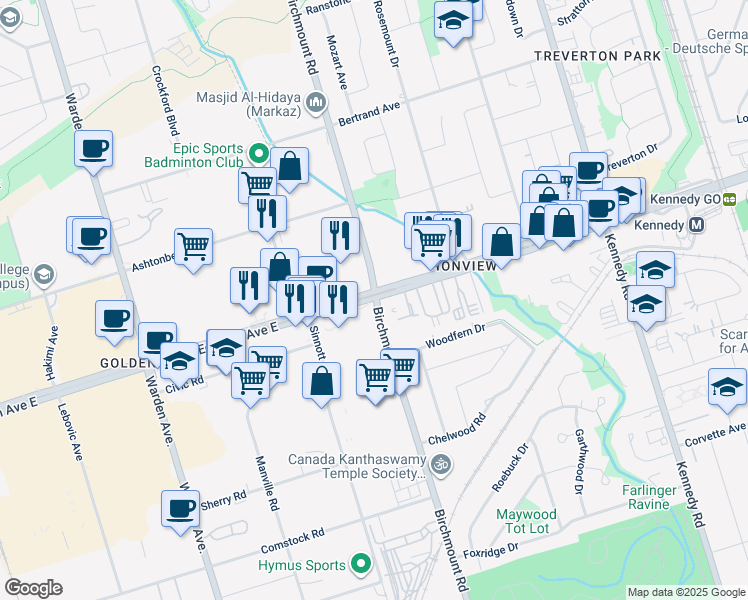 map of restaurants, bars, coffee shops, grocery stores, and more near 888 Birchmount Road in Toronto