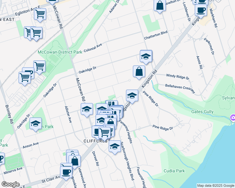 map of restaurants, bars, coffee shops, grocery stores, and more near 25 Rockwood Drive in Toronto