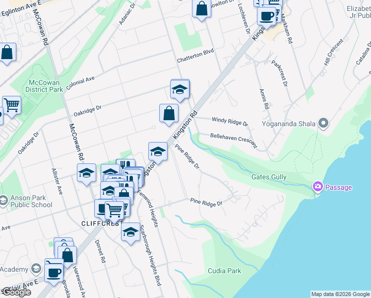 map of restaurants, bars, coffee shops, grocery stores, and more near 50 Pine Ridge Drive in Toronto