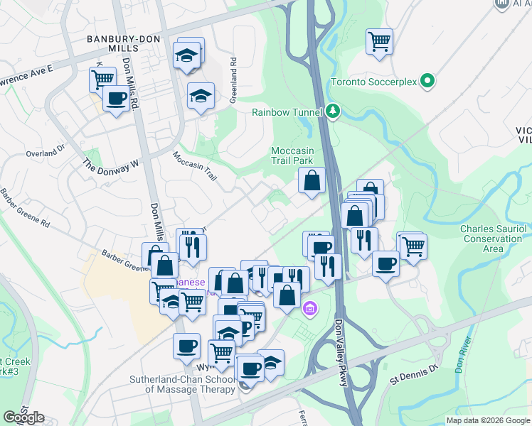 map of restaurants, bars, coffee shops, grocery stores, and more near 287 David Dunlap Circle in Toronto