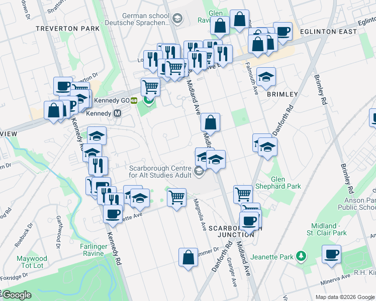 map of restaurants, bars, coffee shops, grocery stores, and more near 27 Safari Street in Toronto